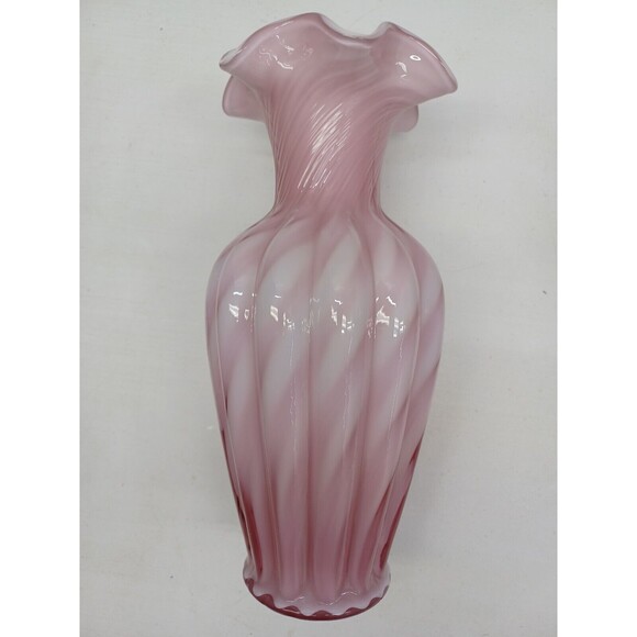 Fenton Pink Spiral Optic Vase Dusty Rose Ribbed Melon White Cased Glass 11"
